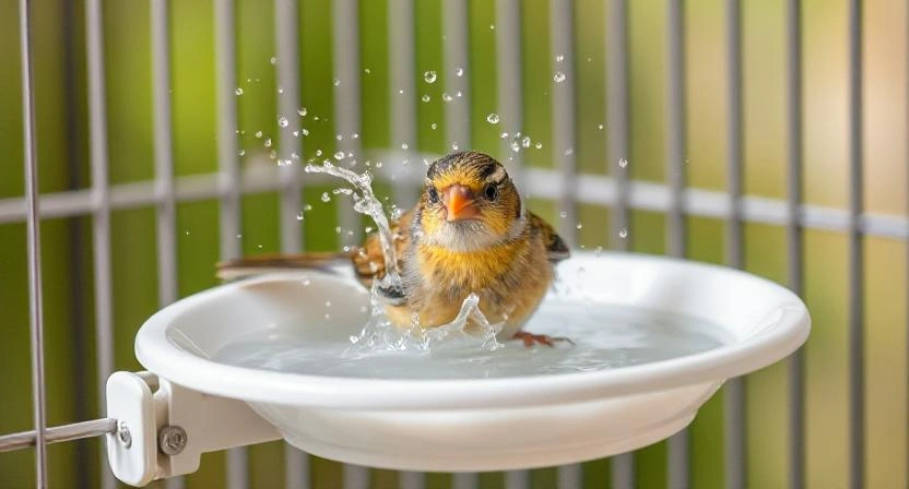 A finch enjoying a bath in a small bird bath attached to its cage