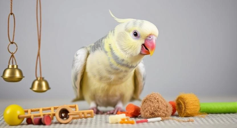 A cockatiel playing with a variety of bird cage accessories
