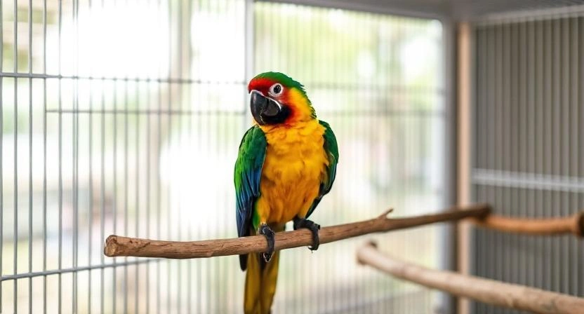 A parrot sitting on a natural wood perch in its cage.