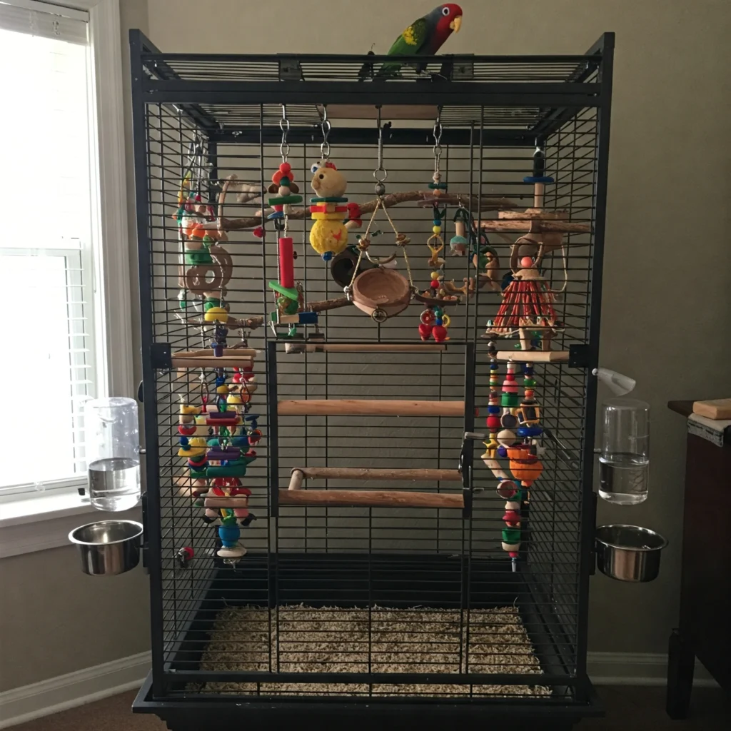 bird cage setup with perches and toys