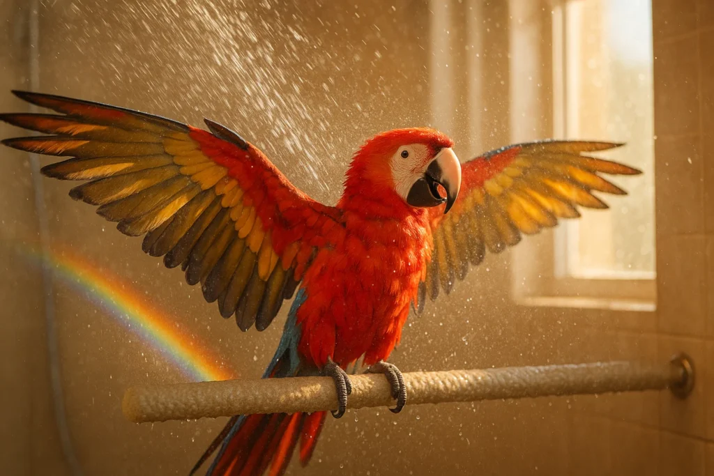 Rainbow-crested macaw enjoying shower time - the ultimate bird bathing experience
