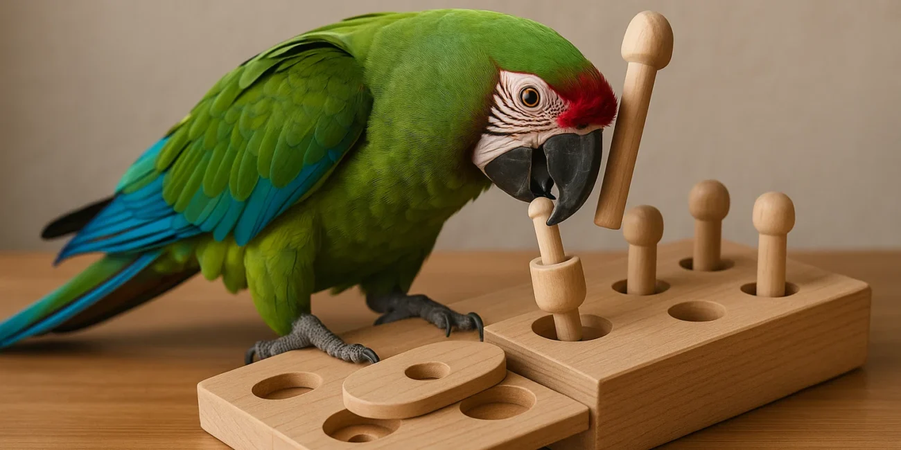 A parrot solving a foraging puzzle—top mental enrichment among best bird toys.
