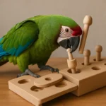 A parrot solving a foraging puzzle—top mental enrichment among best bird toys.