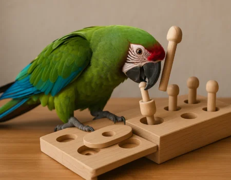 A parrot solving a foraging puzzle—top mental enrichment among best bird toys.