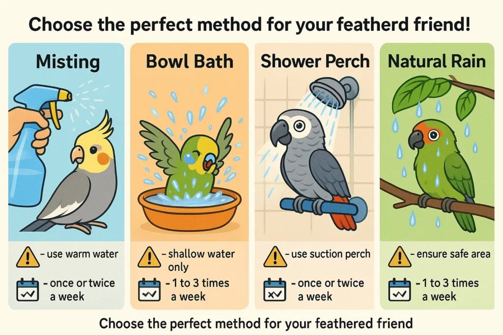 Infographic comparing misting, bowl baths, showers, and natural bird bathing techniques