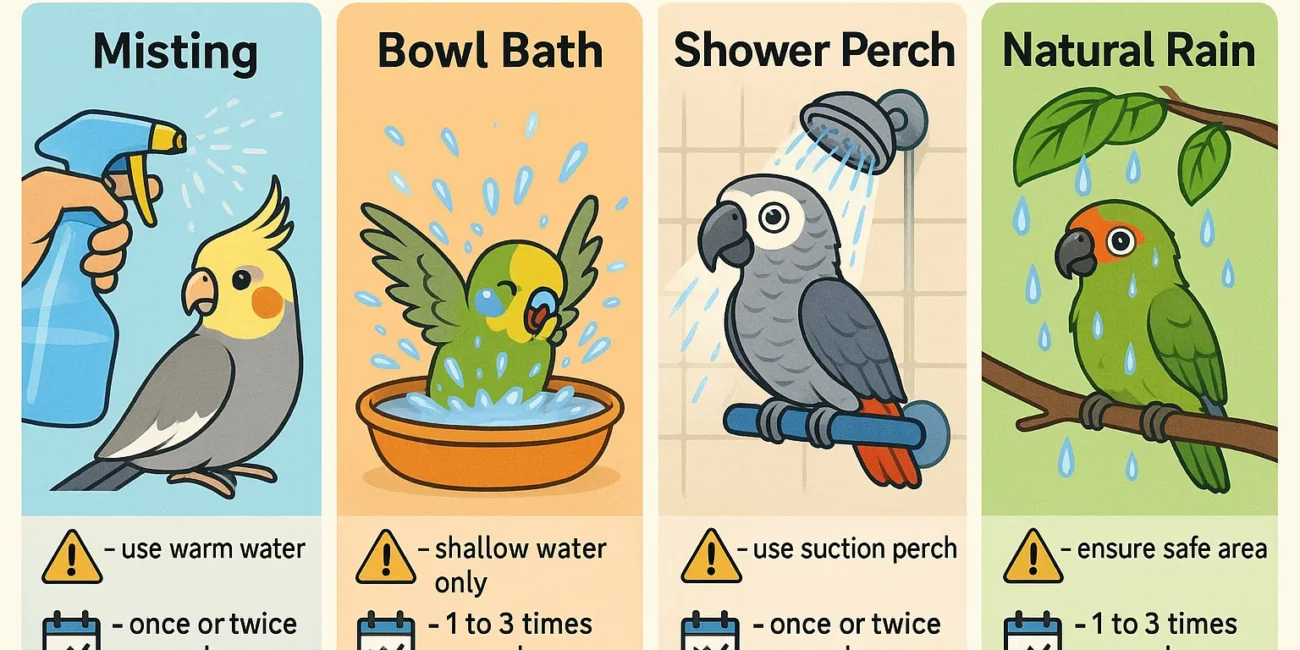 Infographic comparing misting, bowl baths, showers, and natural bird bathing techniques