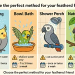 Infographic comparing misting, bowl baths, showers, and natural bird bathing techniques