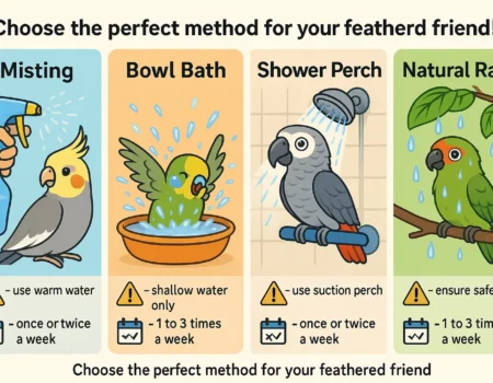 Infographic comparing misting, bowl baths, showers, and natural bird bathing techniques