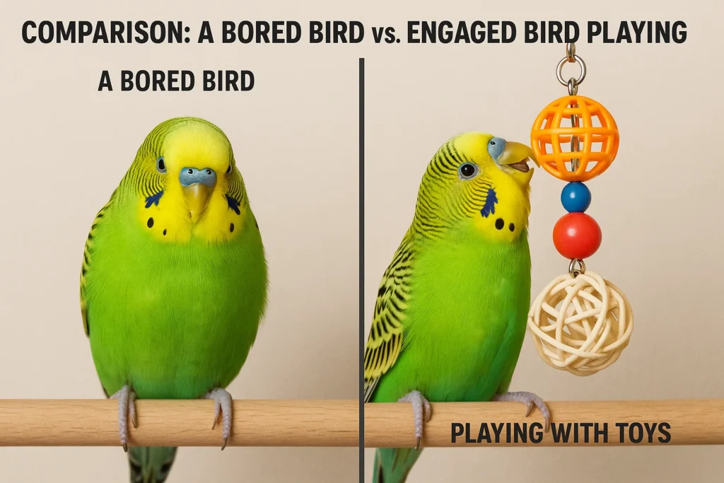 Comparison: A bored bird vs. engaged bird playing with toys