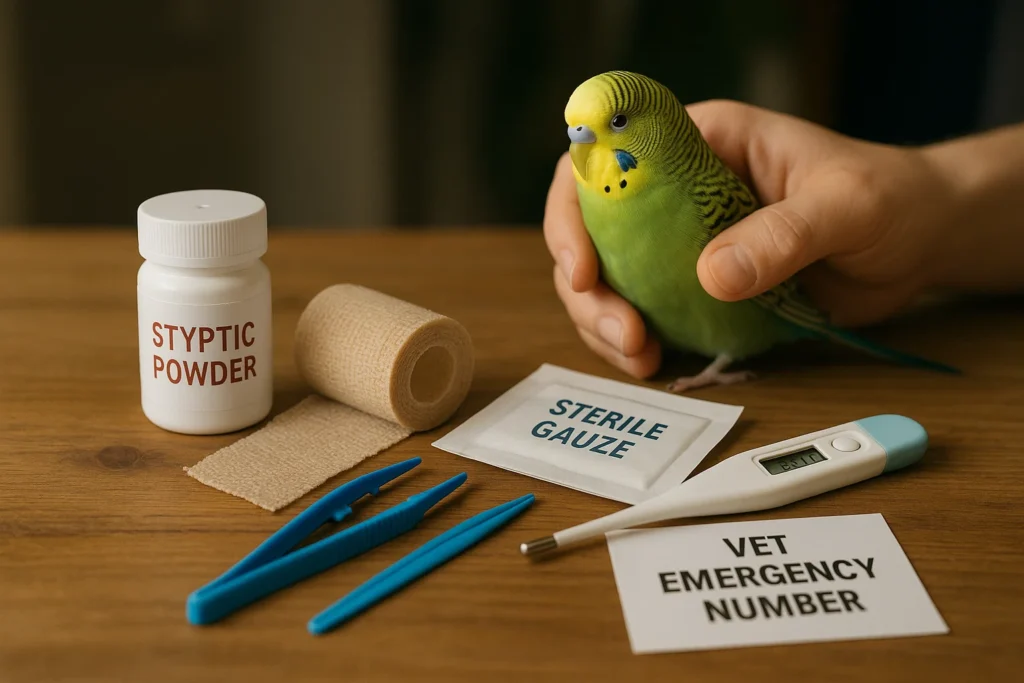 Bird safety tips for emergencies: Styptic powder, gauze, and vet contacts in a pet first-aid kit.