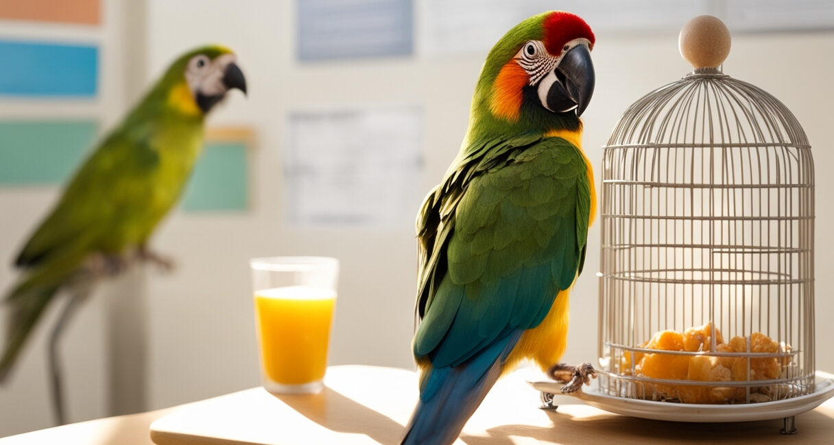 A printable bird nutrition checklist taped to a fridge, listing fruits, veggies, pellets, and clean water—reflecting essential bird nutrition facts.