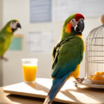 A printable bird nutrition checklist taped to a fridge, listing fruits, veggies, pellets, and clean water—reflecting essential bird nutrition facts.