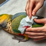 A worried bird owner gently cradling a small bird in a towel while inspecting it for signs of injury, illustrating a moment of essential bird first aid.