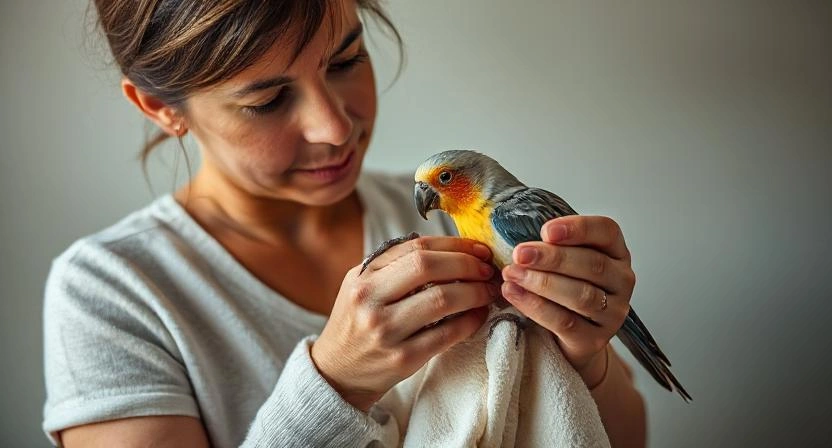 A bird owner gently holding a small bird wrapped in a towel, inspecting its wing with focused care and concern—capturing a real-life moment of essential bird first aid and emotional connection.
