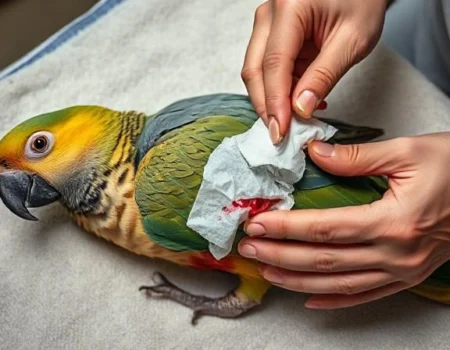 A worried bird owner gently cradling a small bird in a towel while inspecting it for signs of injury, illustrating a moment of essential bird first aid.