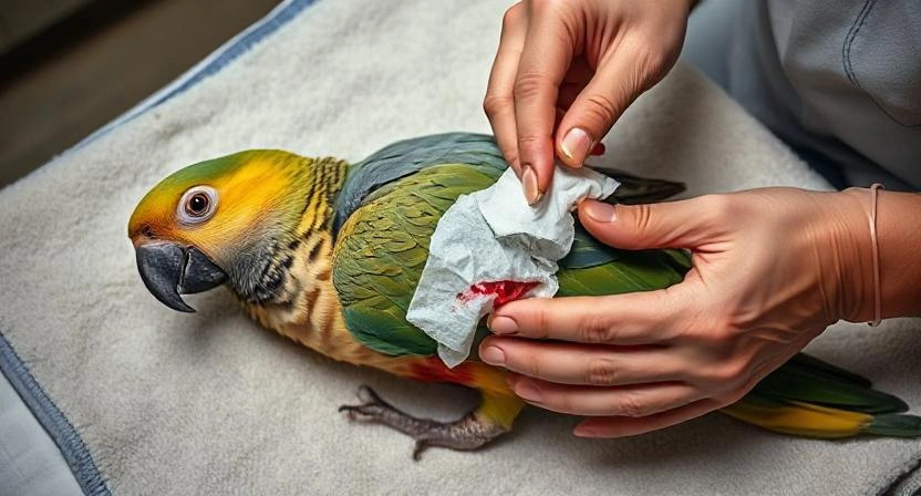A worried bird owner gently cradling a small bird in a towel while inspecting it for signs of injury, illustrating a moment of essential bird first aid.