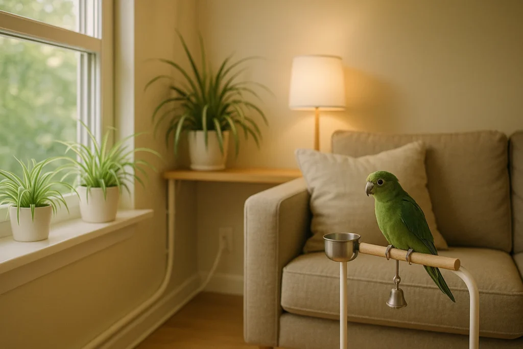 Essential bird safety tips: Securing windows, hiding cords, and removing toxic plants to protect pet birds.