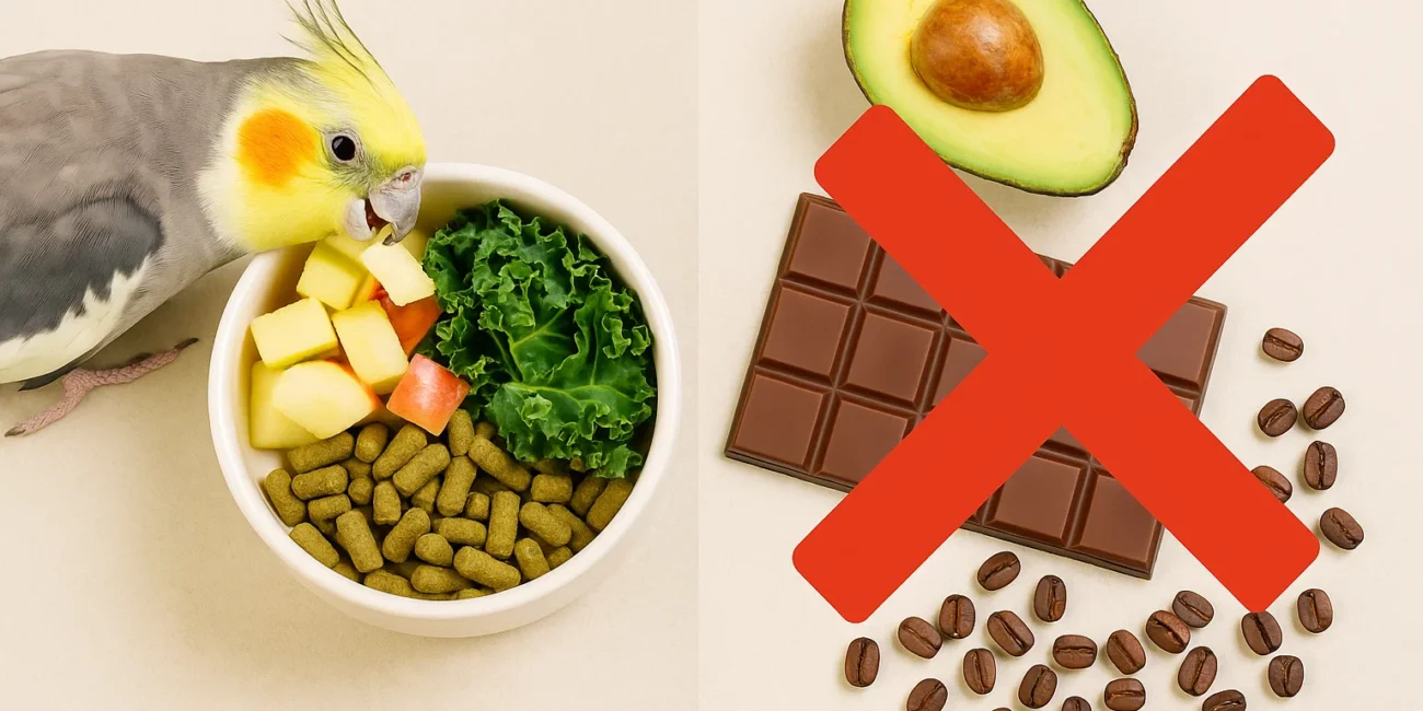 Bird safety tips for diet: Fresh apples, leafy greens, and pellets (safe) vs. avocado, chocolate, and caffeine (toxic).
