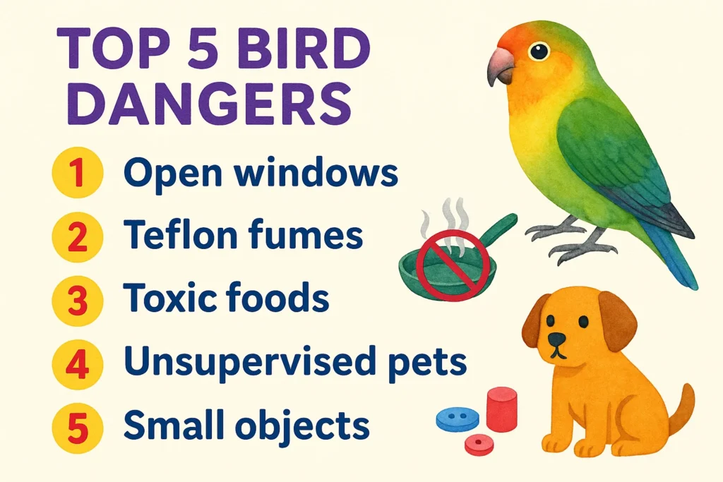 Quick bird safety tips infographic: 5 must-know hazards to avoid for pet birds.