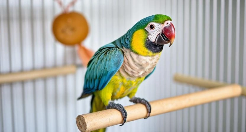 Healthy parrot in a spotless cage with proper accessories