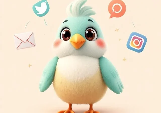 Illustration of a cheerful Flippy Bird character surrounded by email, Twitter, and Instagram icons in a pastel-colored, flat-design style for the Flippy Bird app's Contact Us page.