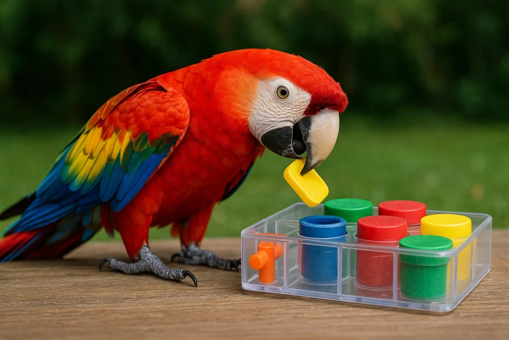 African grey solving a foraging puzzle toy