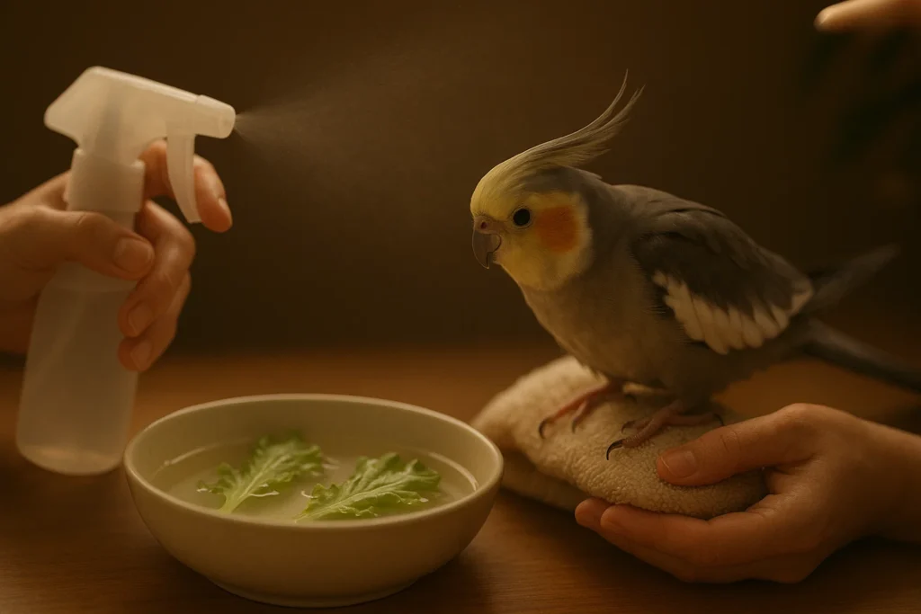 Patiently introducing a scared cockatiel to bathing with positive reinforcement