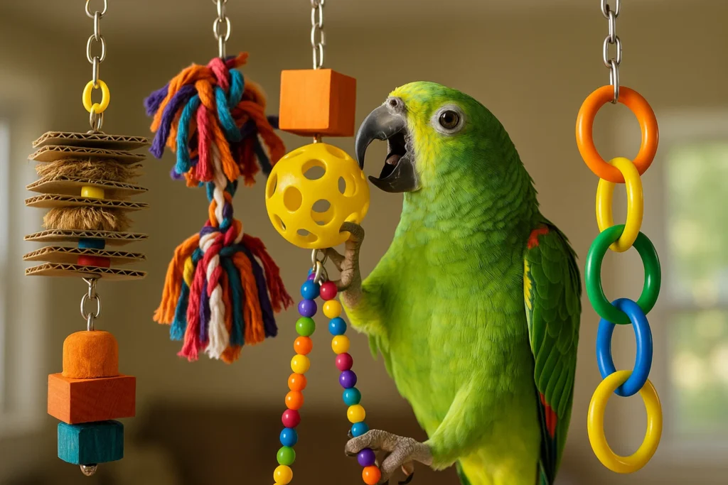 Ecstatic parrot playing with multiple enrichment toys