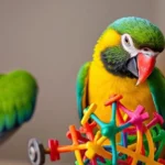 A vibrant parrot interacting with a colorful puzzle toy