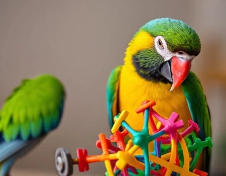 A vibrant parrot interacting with a colorful puzzle toy