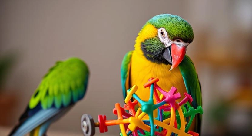 A vibrant parrot interacting with a colorful puzzle toy