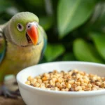 A healthy parrot enjoying bird pellets