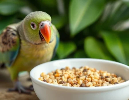 A healthy parrot enjoying bird pellets