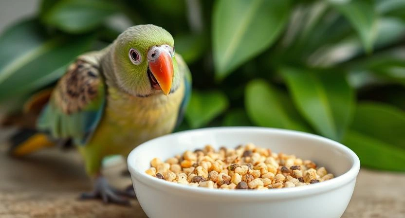A healthy parrot enjoying bird pellets