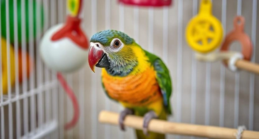 Parrot in a freshly cleaned cage with colorful accessories.