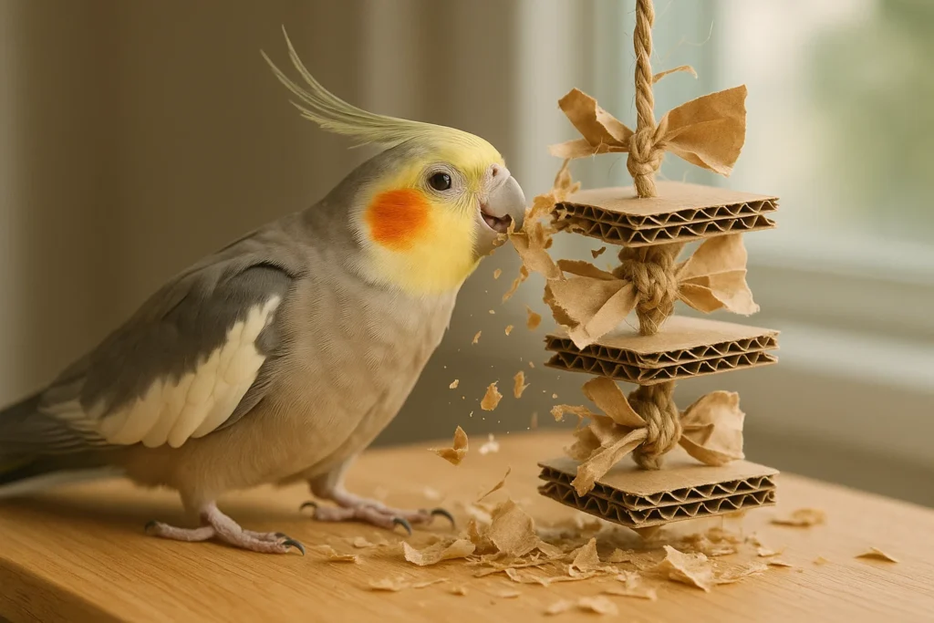 Cockatiel happily destroying a homemade shreddable toy
