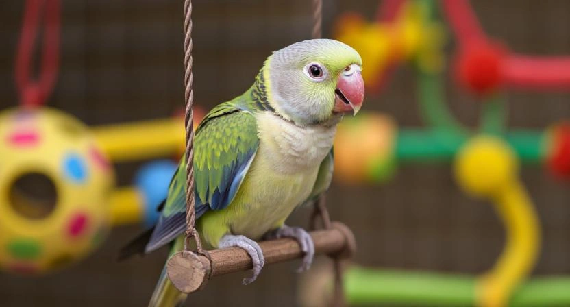 Small parrot on a swing surrounded by colorful bird toys.